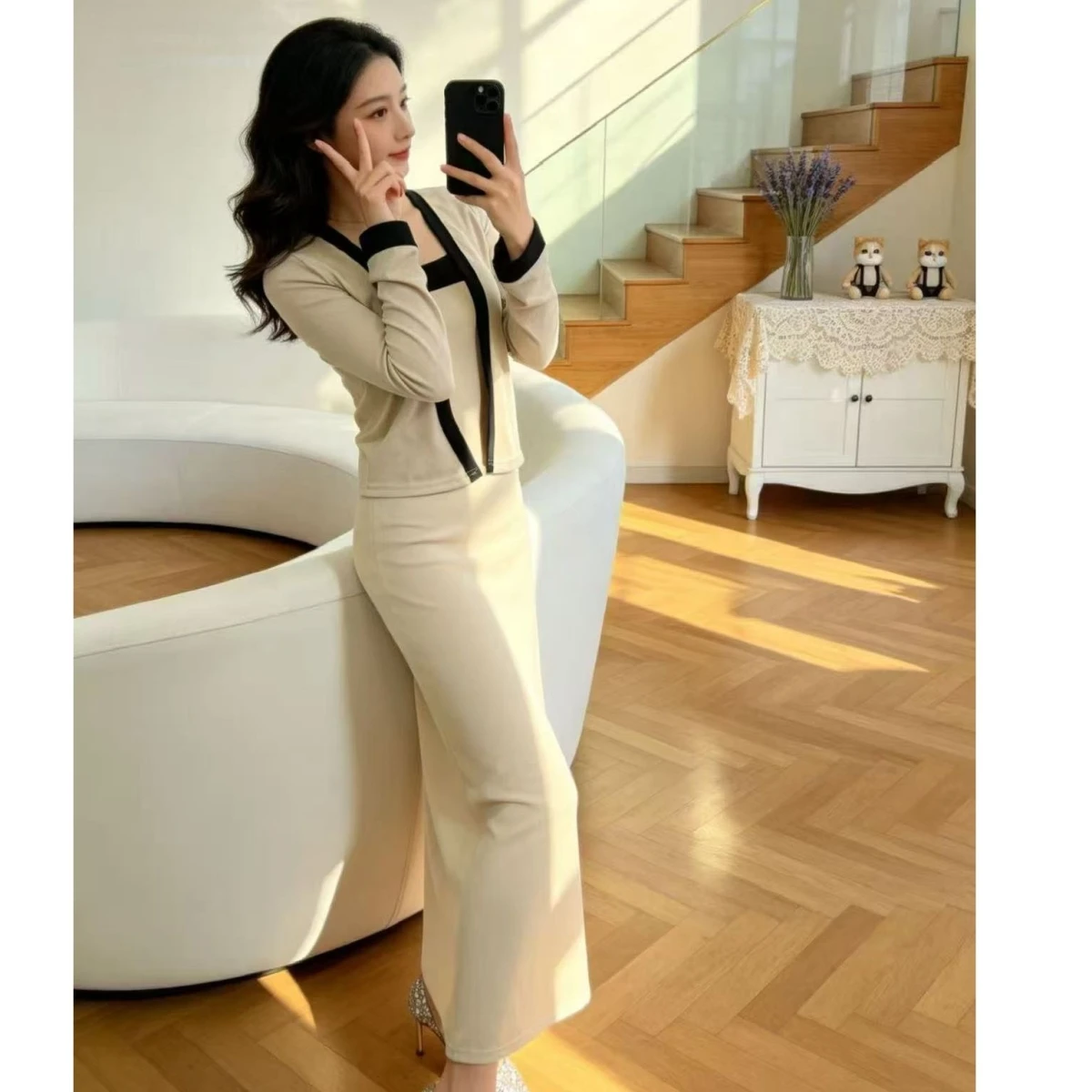 

Spring Autumn New Style Elegant Slim Fit Bodycon Long Dress Color Block Strapless Long Sleeve Cardigan Two Piece Set Women