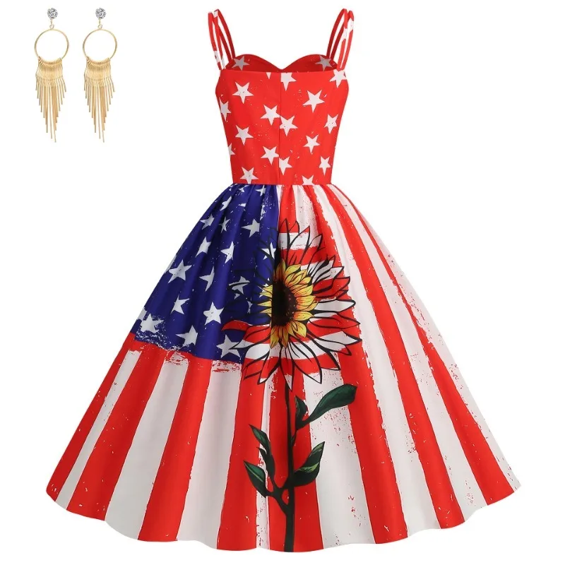 Independence Day USA Flag Print Strap Dress with earring 1950s Audrey Hepburn Printed Dress Women Party Evening Cocktail Dresses