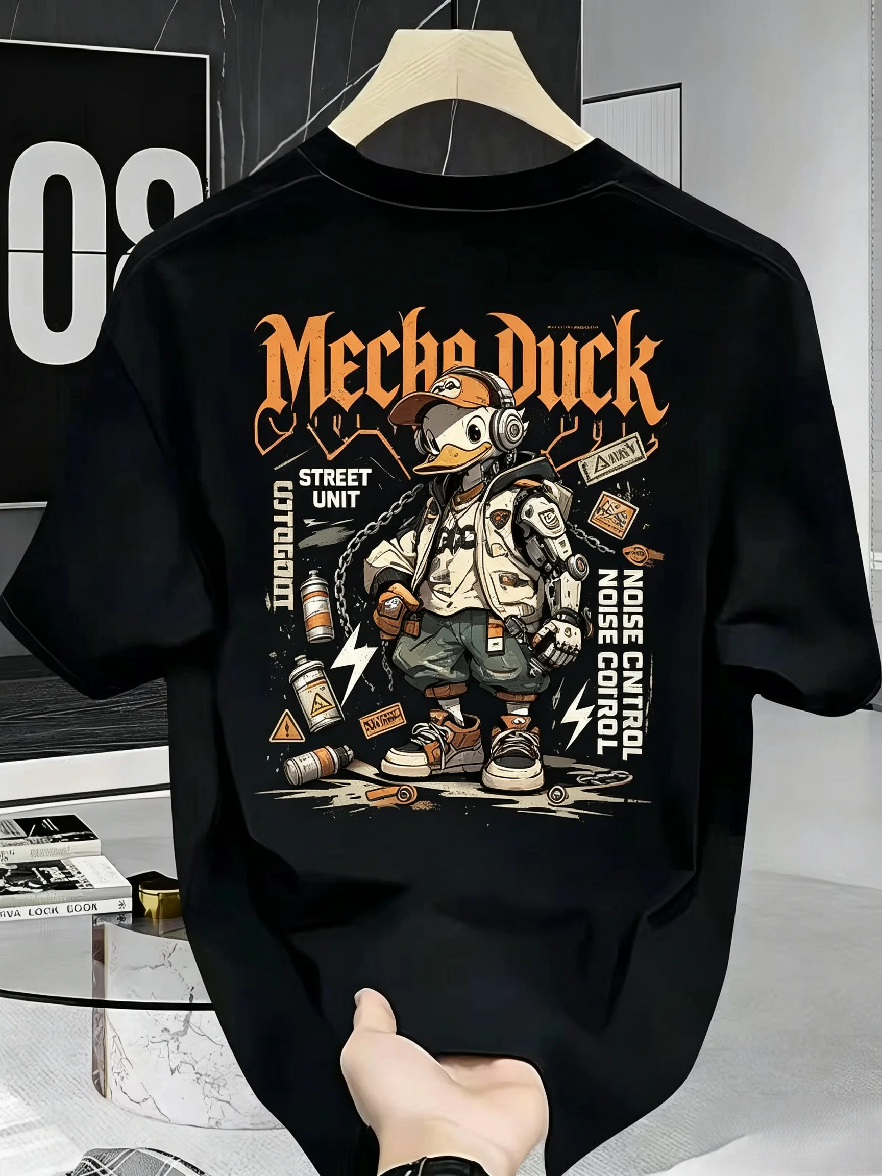 Unisex Mecha Duck Graffiti Street Back Print T Shirt Men Women Vintage Cartoon Duck Short Sleeve Black Streetwear Tee
