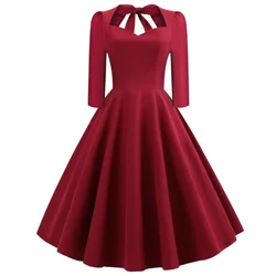2024 New Retro Hollowed Out Women 1950s 60s Rockabilly Dress 3/4 Long Sleeve V Neck Swing Solid Cotton Vintage Party Sundress