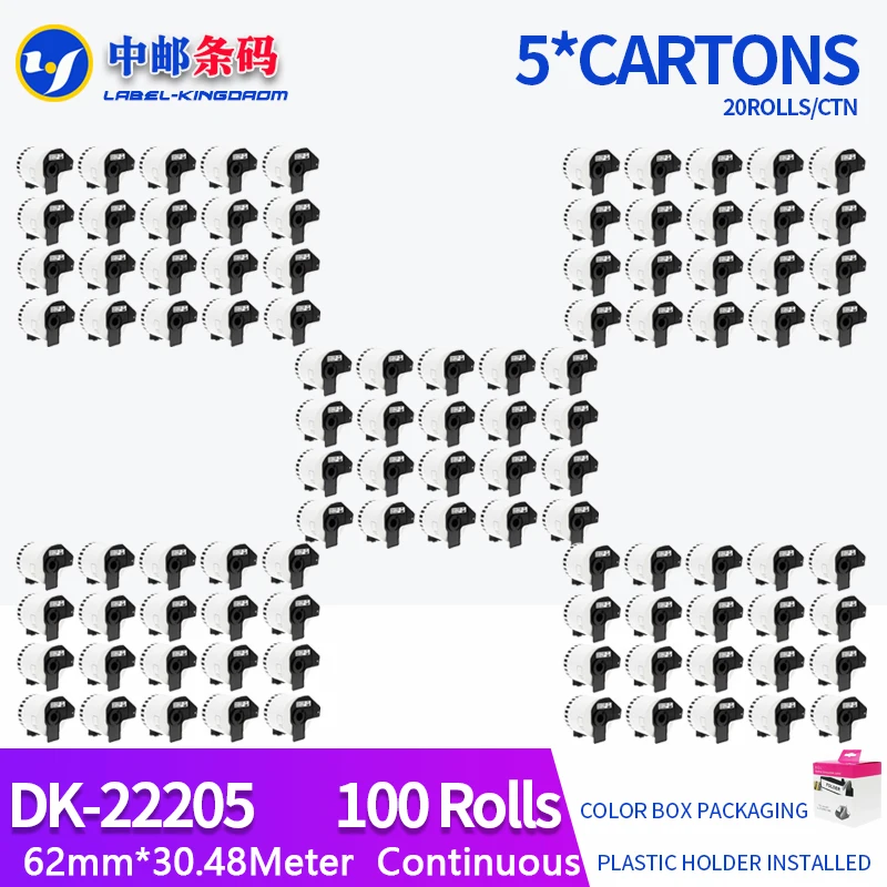 100 Rolls Compatible DK-22205 Label 62mm*30.48M Continuous Compatible for Brother Printer QL-700 All Come With Plastic Holder