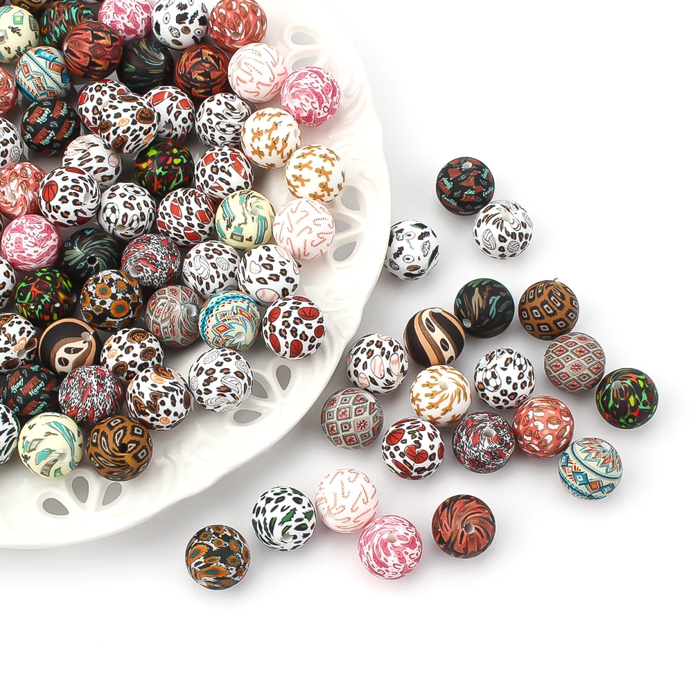 10/15/20pcs 15mm Silicone Beads New Printed Beads for Pen Decor Jewelry Making DIY Bracelet Chain Keychain Ornamental Wholesale