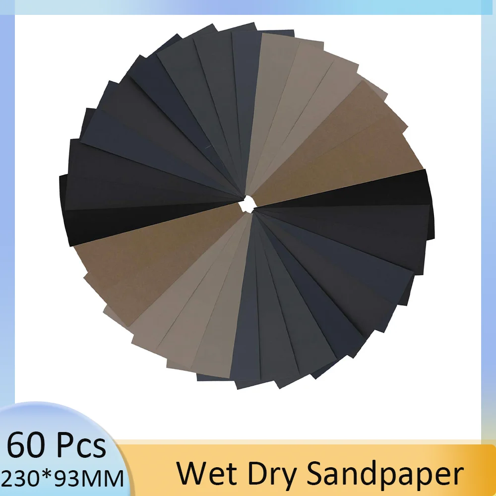 

230 x 93MM Wet Dry Sandpaper Set 60 Pcs 120-5000 Grit Assortment Variety Package Sanding Sheet for Wood Metal Polish Automotive