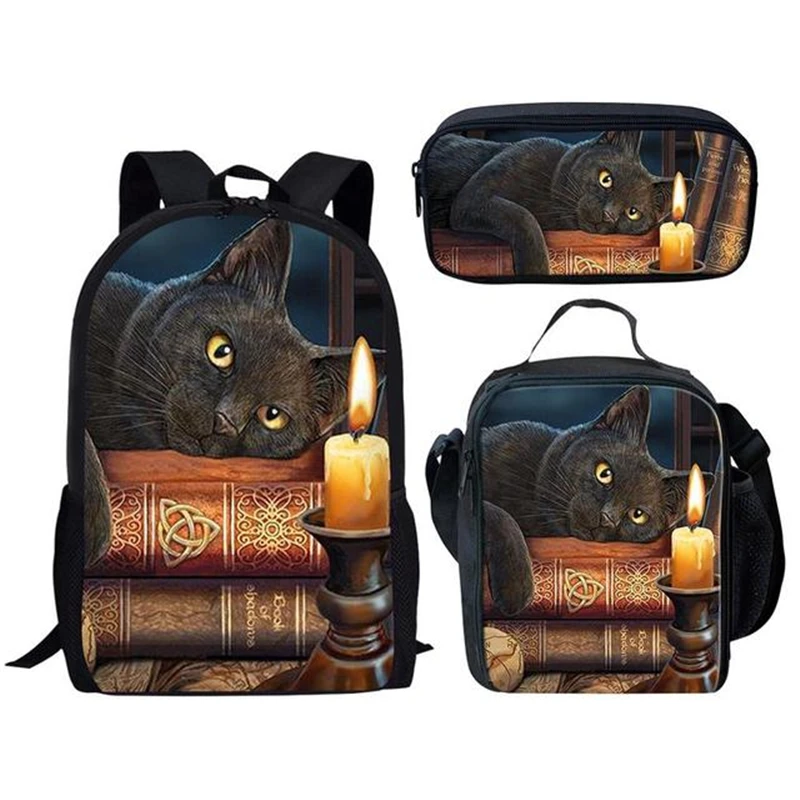 Harajuku Youthful Novelty Funny Cat 3D Print 3pcs/Set Student Travel bags Laptop Daypack Backpack Lunch Bag Pencil Case