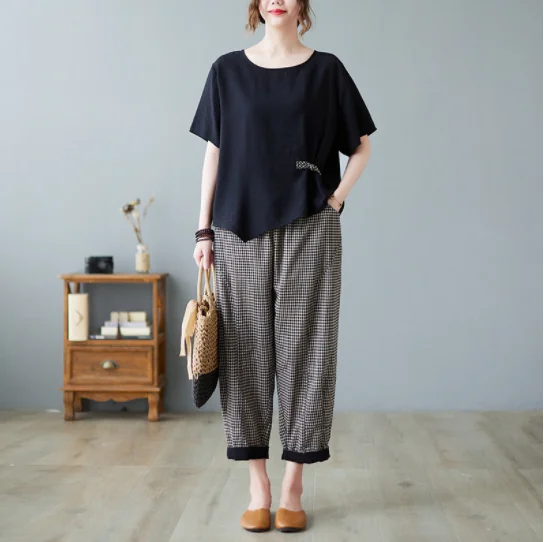 Summer Autumn Cotton 2pcs/set Women Loose T-shirt+Ankle-length Haren Pants 2023 Summer Vintage StyleTop+ Pant Suits