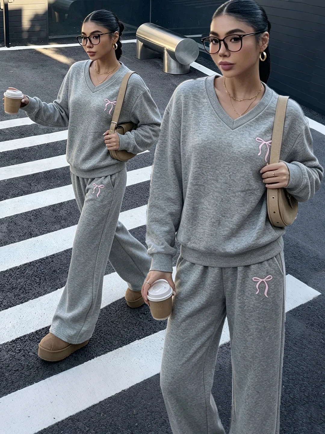Women Cute Bow Embroidery Matching 2‑Piece Set V‑Neck Sweatshirt & Wide Leg Pants Casual Tracksuit view 2