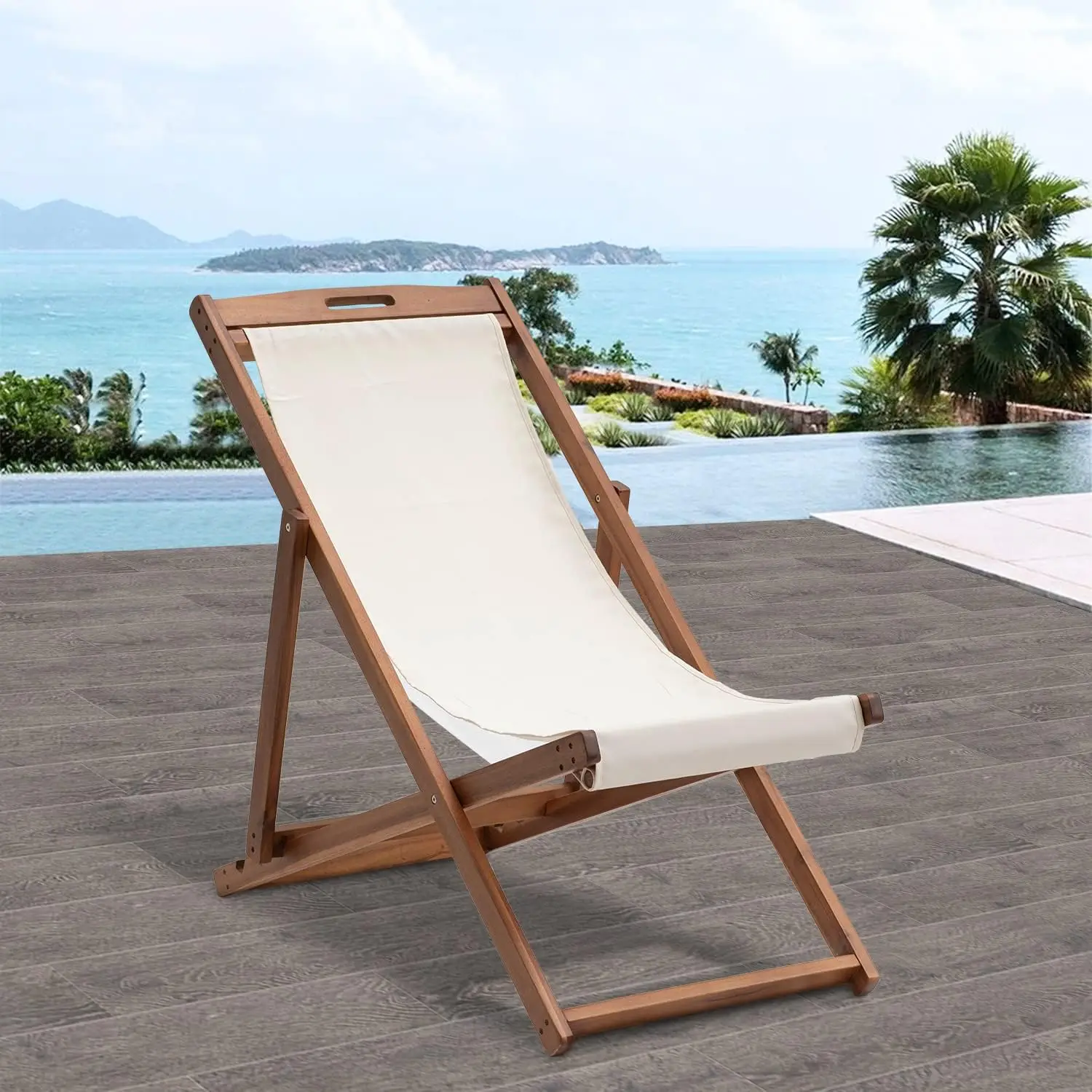 Outdoor Wooden Patio Lounge Chair 2 Set Beach Sling Chair Set Height Portable Reclining Beach Chair Solid Wood Frame With White