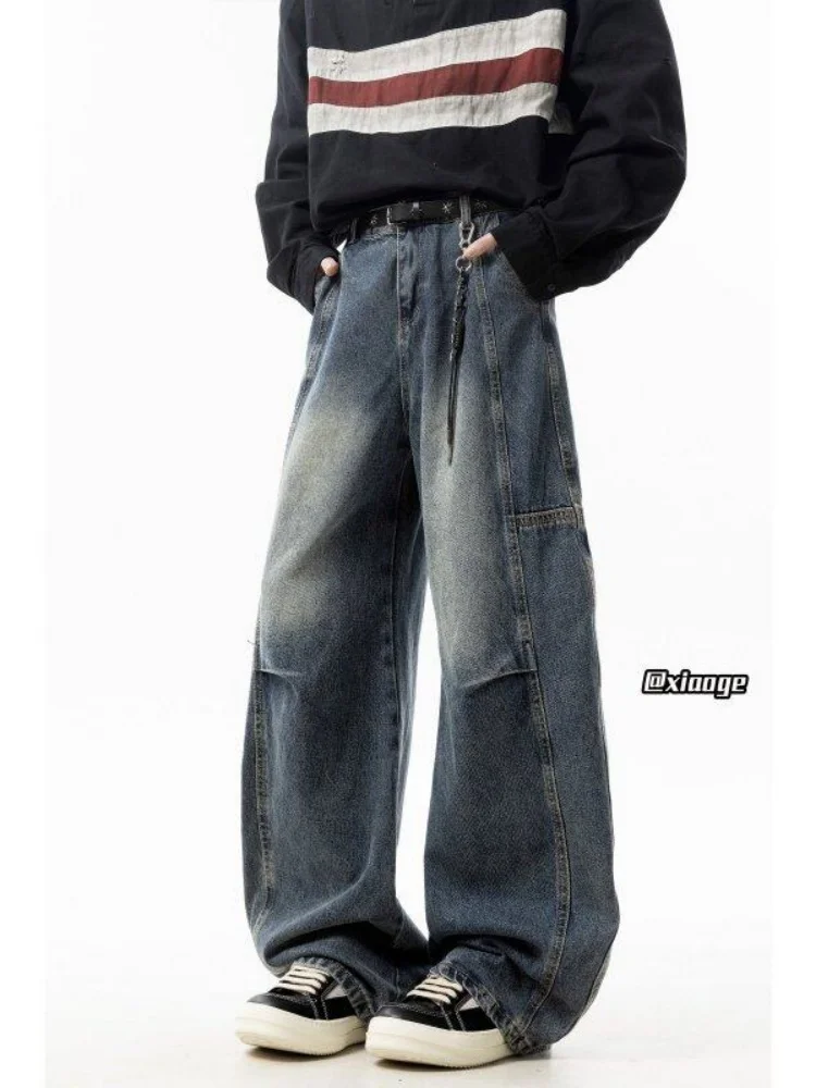 

Heavyweight Waed Denim Jeans Men's Spring Autumn Folded Design Long Pants Cool High Street Floor-Length Pants