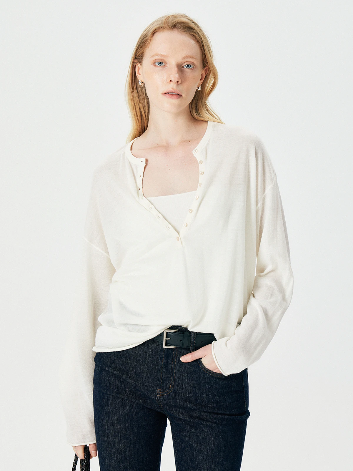

Thoransaura Lazy Loose Wool f Open Knitted T-irt Henry Collar Micro See-tough Cuffed Long Sve Regular Length Top