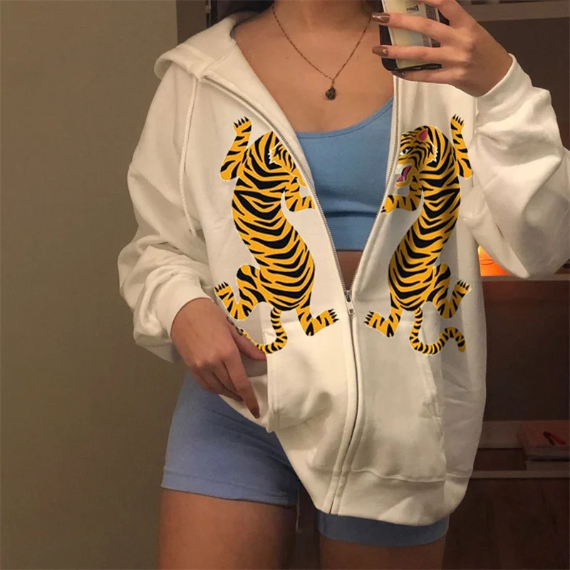 

hirigin Women Zip up Hoodies Tiger/Snake Print Loose Long Sleeve Hooded Sweatshirts Jackets with Pocket for Fall Streetwear 2024