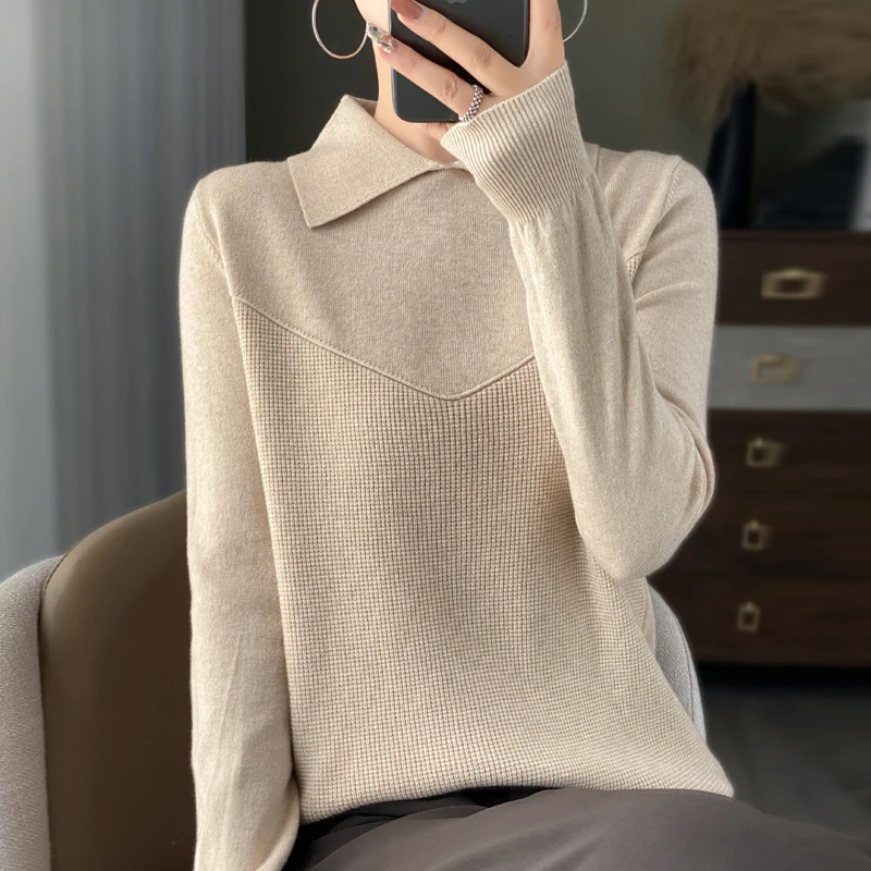 

Осень-зима 2023, новый шерстяной свитер, Женский пуловер с воротником-поло, однотонный свободный жаккардовый пуловер с панелью, простой модный вязаный свитер