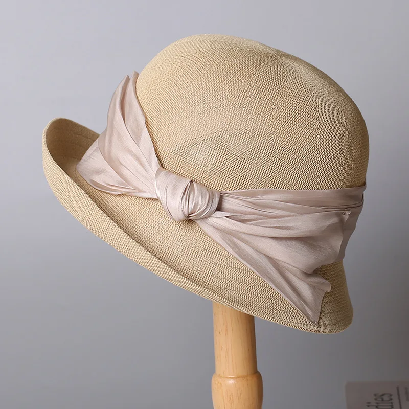 

Luxury Japanese Paper Straw Bucket Hat Women Elegant Silk Bow Knot Sun Protection Beach Cap Foldable Summer Fedora Chapeau Панам