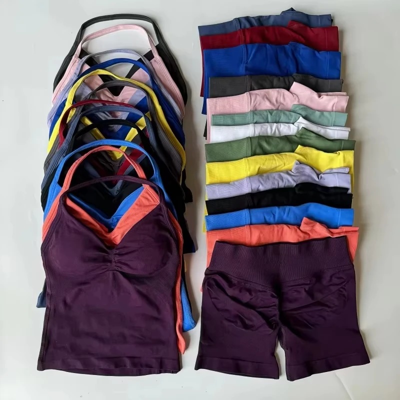 

2Pcs Gym Set Women Backless Tank Tops High Waist Scrunch Seamless Shorts Gym Suit Fitness Clothes Activewear Workout Sets