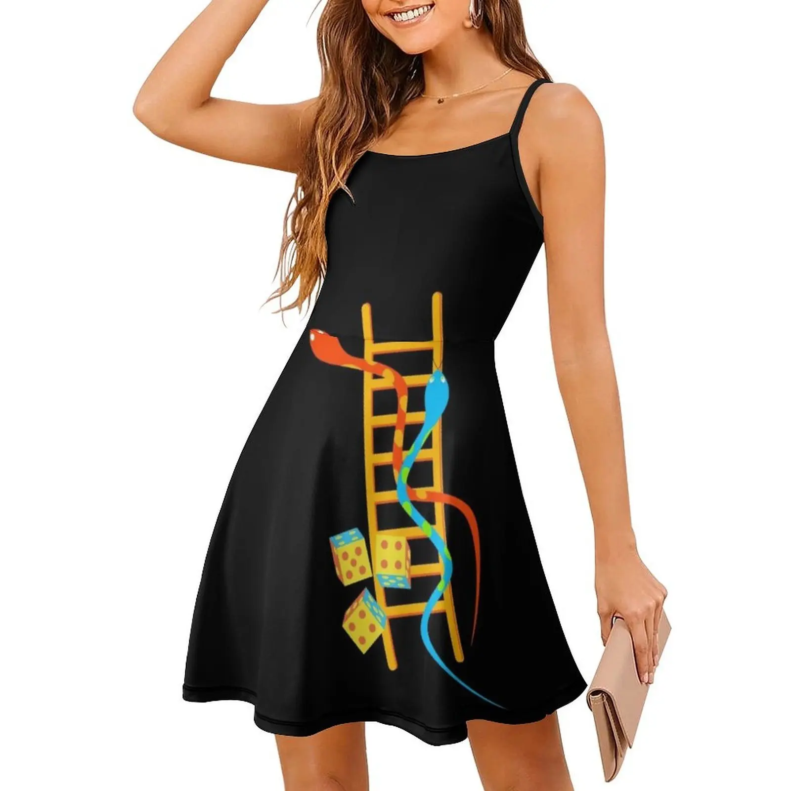 فستان بوهيمي بدون أكمام على شكل ثعابين وسلالم للنساء مطبوع فساتين حفلات الشاطئ Moksha Patam Board Game ألعاب كلاسيكية للسيدات #3