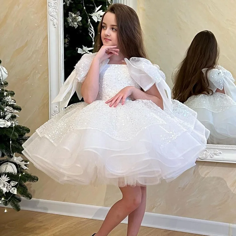Toddler Kids Girls Birthday Dress Shiny Heart Tulle Ruffled Tutu Dresses Tea Party Photo Shoot 4-10T