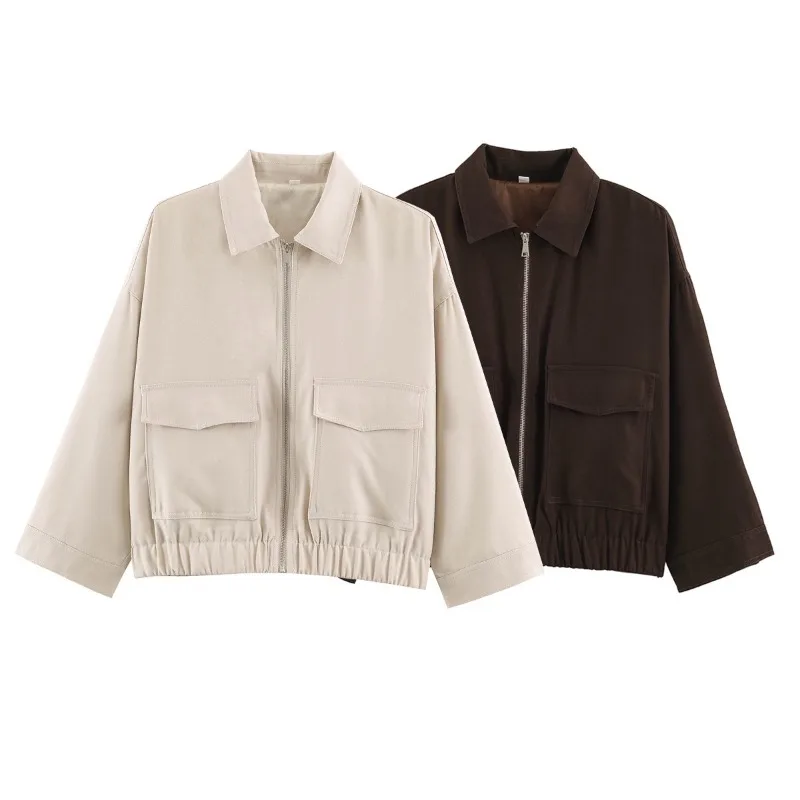 Women Dark Brown Lapel Cargo Short Jacket Zip Up Big Pockets Elastic Hem Loose Casual Outerwear Streetwear