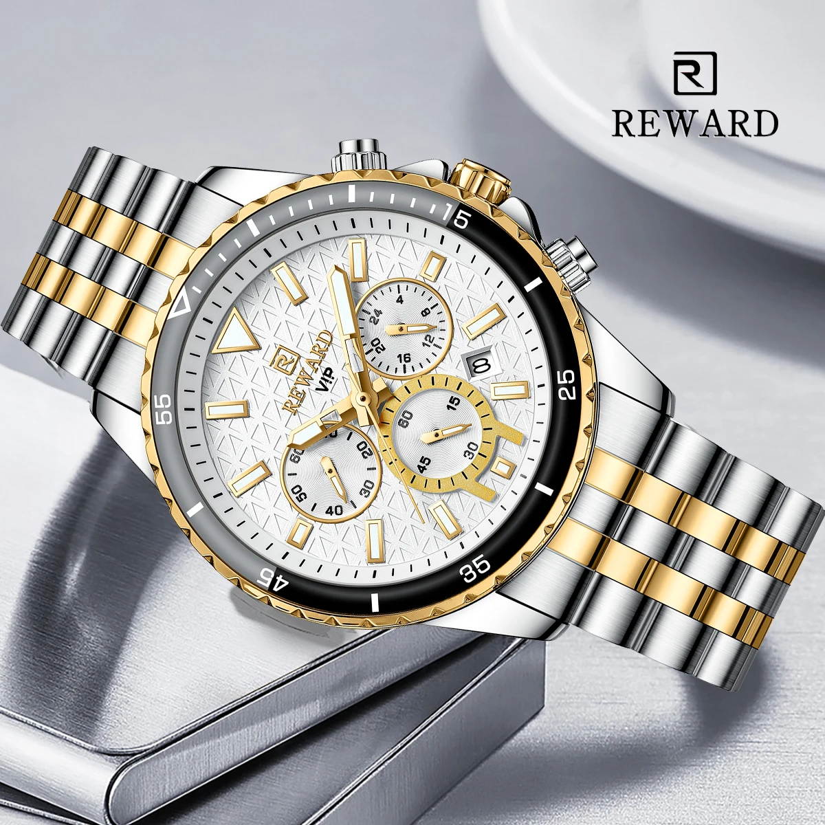 REWARD Men\'s Quartz Watches Stainless Steel Gold Luxury Wristwatch Clock Man Sport Watch