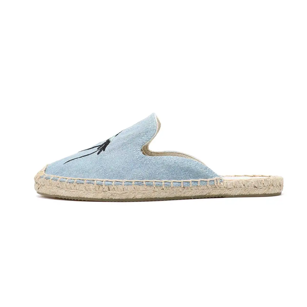 Ladies Summer Fashion Toe Slippers Sandals Flat Comfortable Breathable Slip-On Espadrilles Denim Floral Embroidered Mules