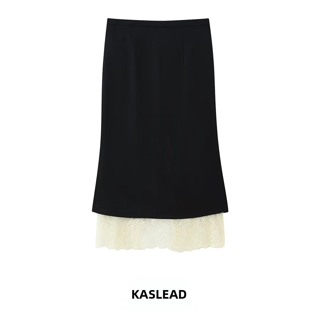KASLEAD New Women's Fashion High-End Lace Skirt Versatile Straight Cut Loose Fit Polyester Fiber mid Waist Autumn Season