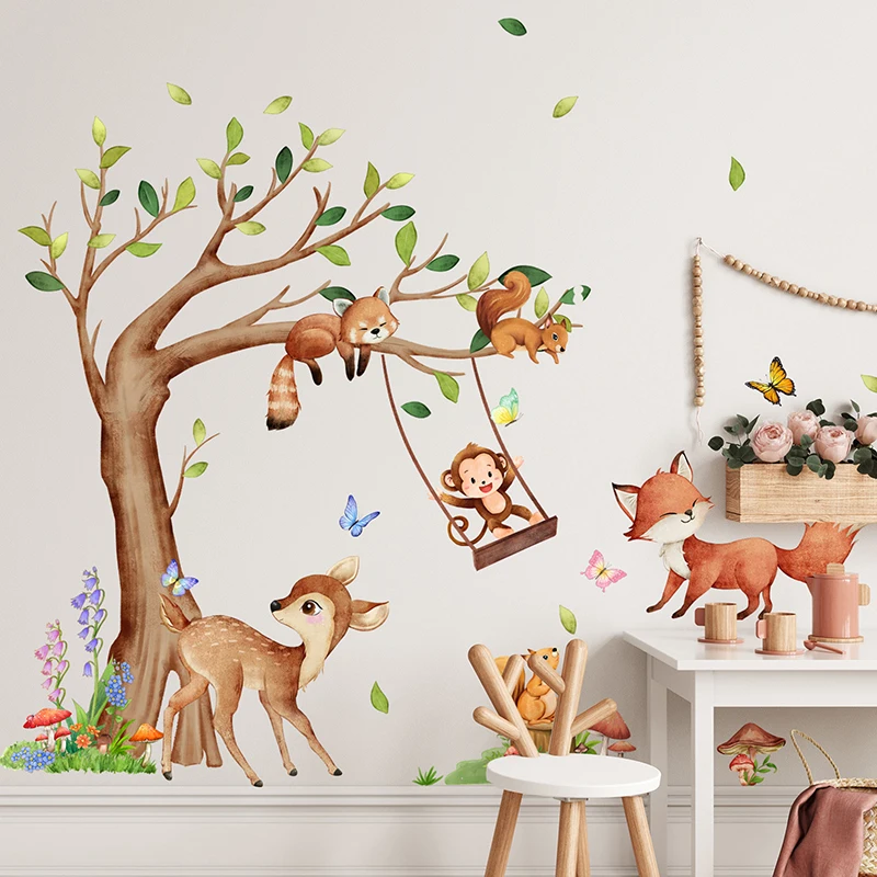 Forest Animals Large Tree Wall Sticker Monkey Fox Deer Kids Room Children Decals Nursery Home Room Décor Poster Mural Wallpaper