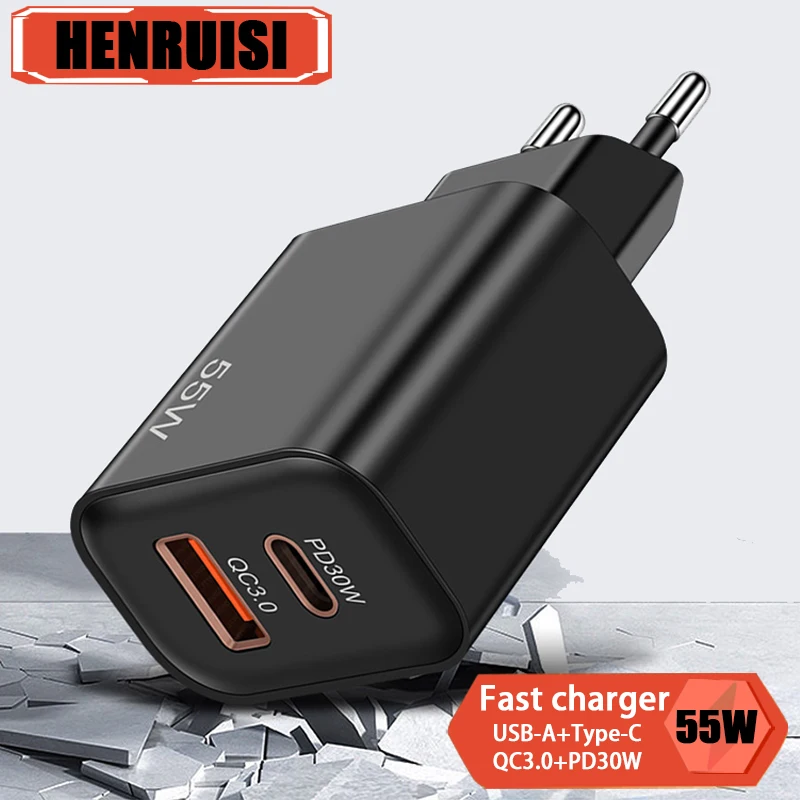 

USB PD Charger 55W Dual Ports Quick Charge 3.0 Phone Charge Adapters For iPhone 15 14 13 Xiaomi Samsung Type C Fast Wall Charger