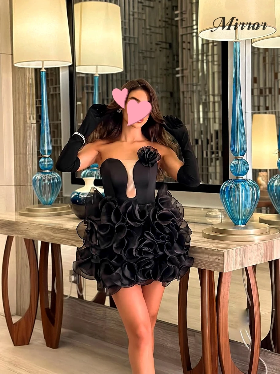

Mirror Dress Elegant Vintage Sexy Black Flower Ruffle Short A-Line New Customize Formal Occasion Prom Dress Evening Party Gowns