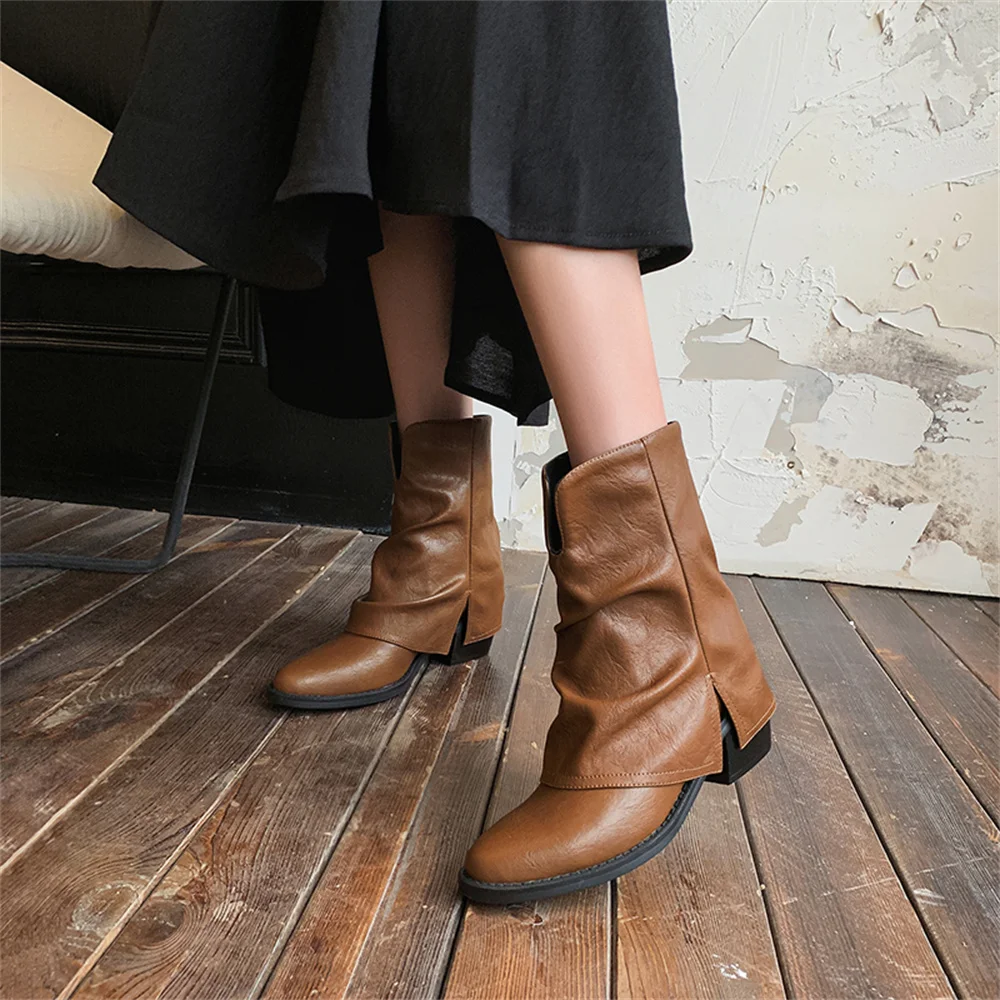 FEDONAS, botas para pantalones, Otoño Invierno, botines de cuero para mujer, plataforma de tacón alto, tendencia de moda, botas de moto occidentales para mujer