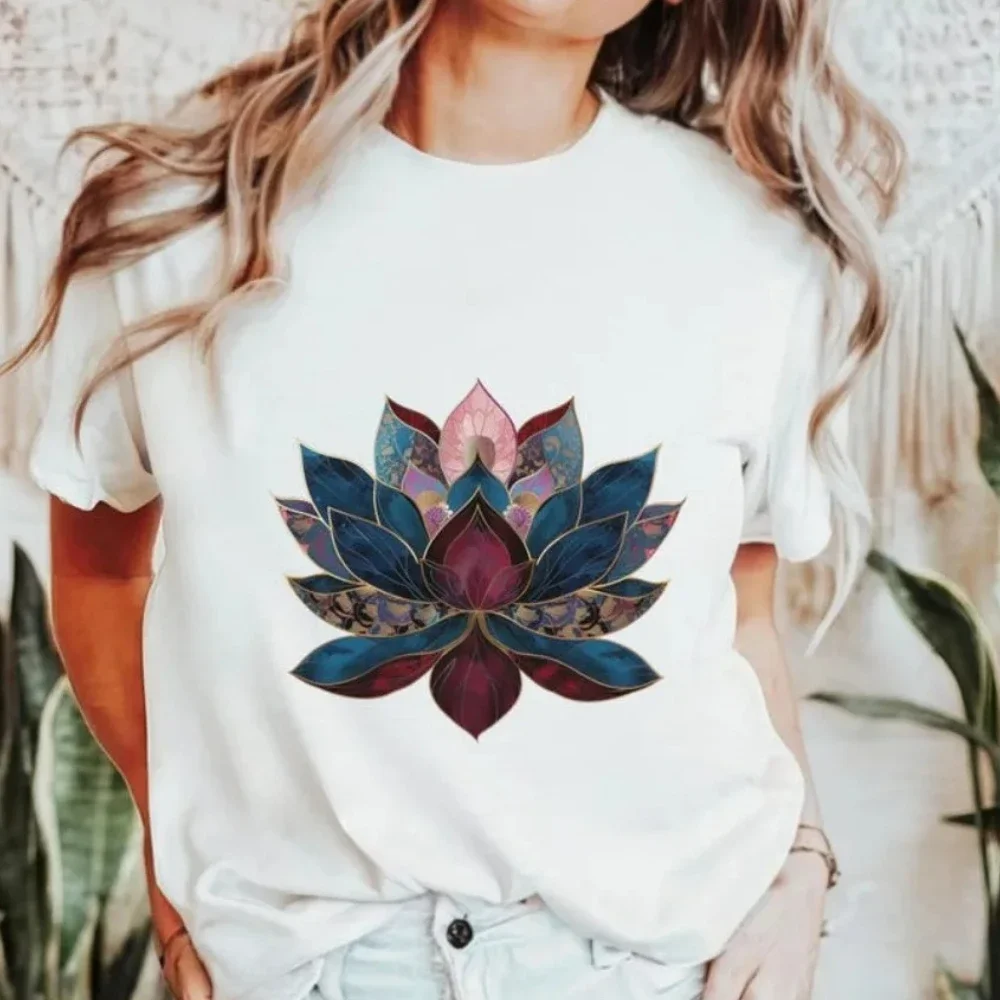 Lotus Yoga Women's T-shirt Buddhist Zen Restoration Antique Floral Print Spiritual Streetwear Bohemian Style Crew Neck Women Top