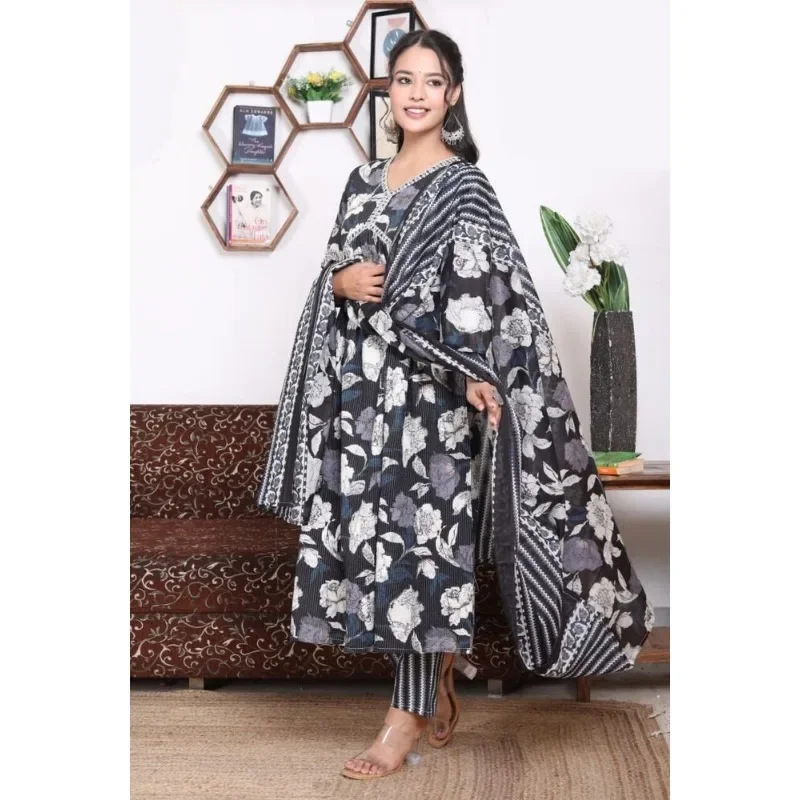 

V Neck Women Kurtis Pant Dupatta Black Blue Cotton Salwar Kameez Set