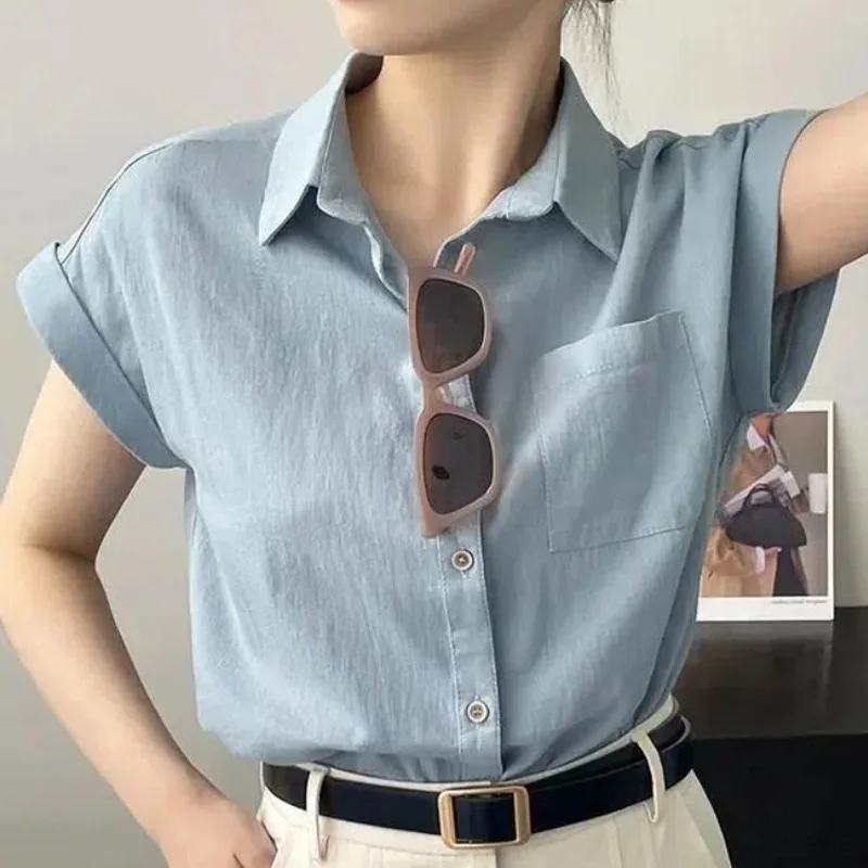 New Summer Button All-match Loose Blouse Short Sleeve Polo Neck Solid Color Vintage Shirt Tops Office Fashion Women Clothing