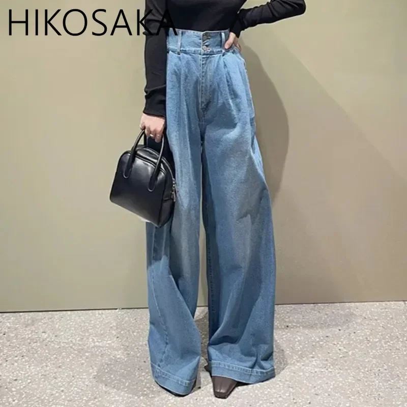 Japan Style Pleated Denim Pants Vintage High Waist Straight Loose Wide Leg Jeans 2024 Autumn All-match Casual Fashion Trousers