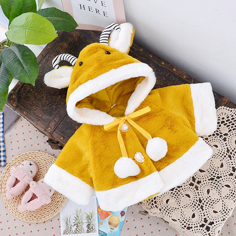 Baby Girl\'S New Winter Coat Is Warm And Cute With A Sheep Horn Hooded Sweater And A Shawl Suitable For 0-3 Years Old