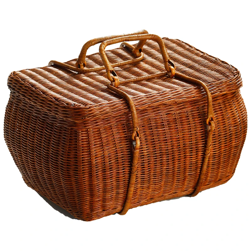 

Vintage Rattan Storage Box with Lid Large Paint Tea Set Storage Storage Basket Household Storage Basket Japanese Style Travel