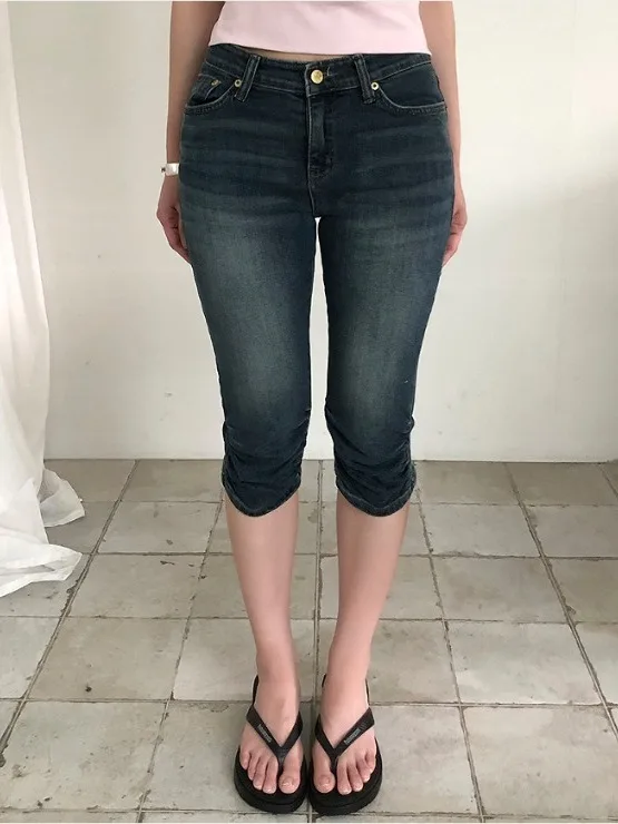 Chic Comfortable Fashionable Low Waist Cuffed Washed Folded Hem Elastic Vintage Denim Jeans Casual Style Standard Fit Cotton ...