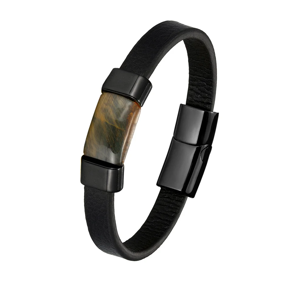 New High Quality Rectangular Tiger Eye Bracelet Men Stainless Steel Accessories Bracelet Women Leather Rope Jewelry Accessories