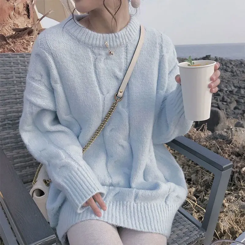 

O Neck Solid Long Sleeve Pullover Knitted Sweater Elegant Fashion Harajuku Female Clothes Loose Casual Sweat All Match Tops