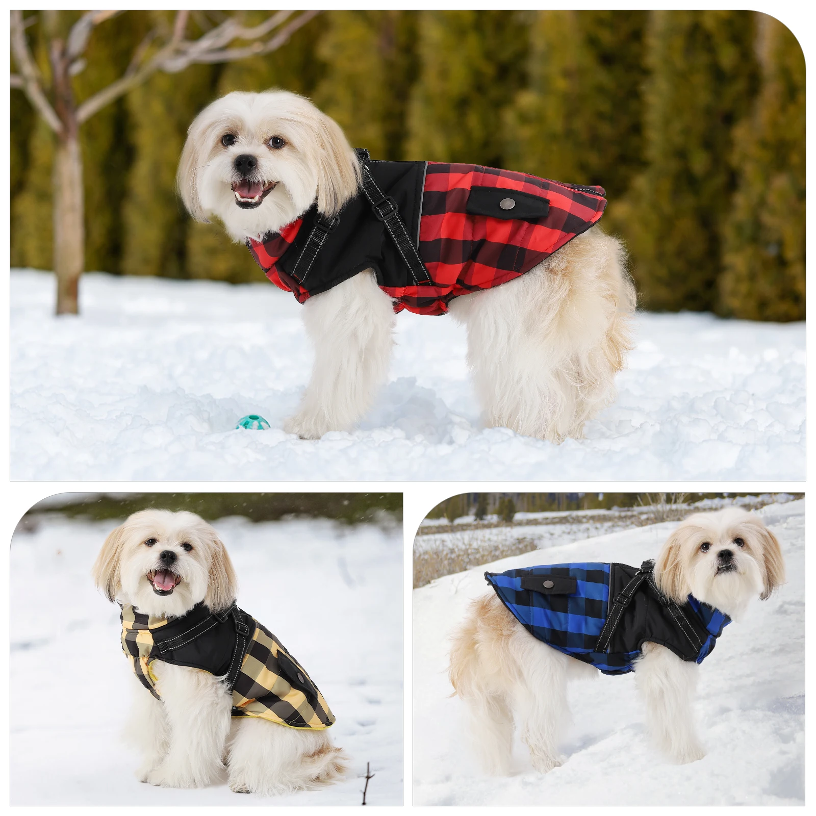 Checker Zipper Winter Dog Clothes Outdoor Cold Proof Warm Dog Jacket With Harness Chihuahua French Bulldog Puppy Clothing Coat