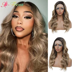 X-TRESS Synthetic Lace Front Wig Ombre Brown Natural Wave T Part Daily Hairstyles 20 Inch Shoulder Length Lace Wigs For Women