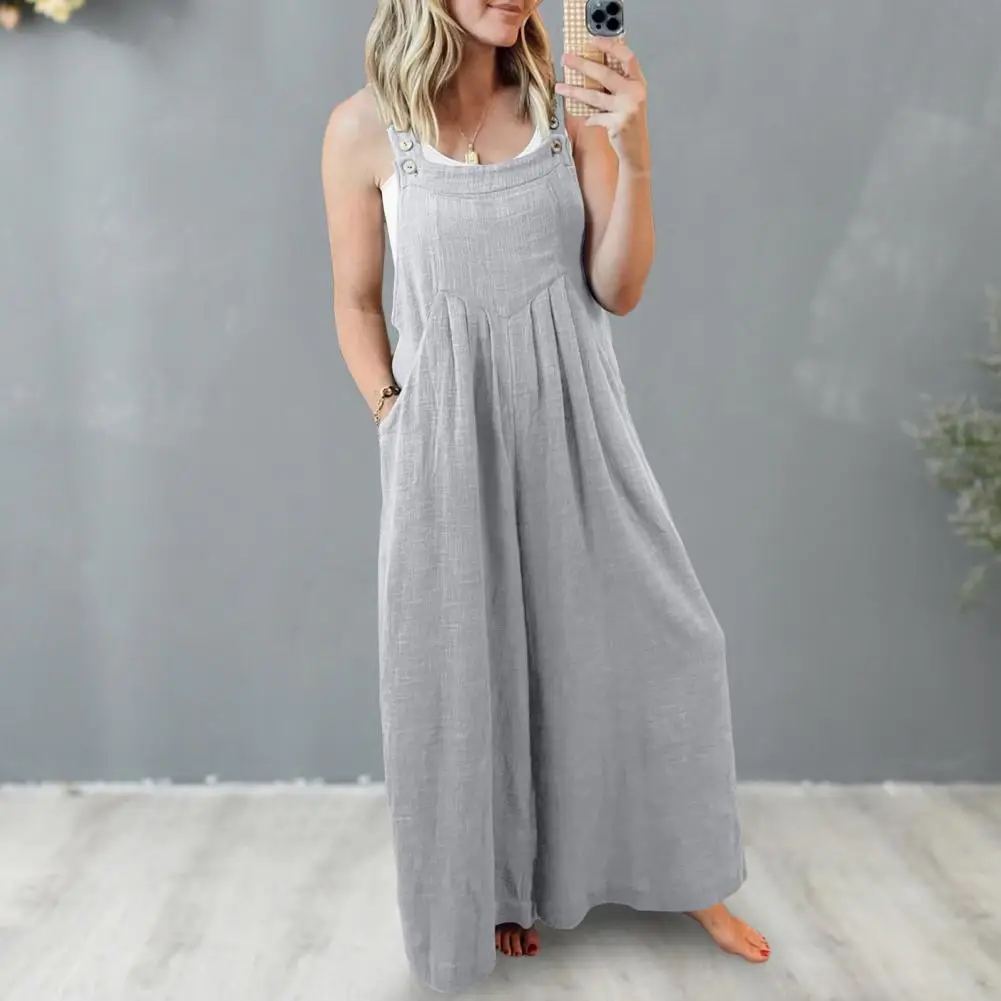 

Solid Color Casual Jumpsuit Stylish Women's Summer Jumpsuit with Adjustable Button Shoulder Strap Backless Design for Casual