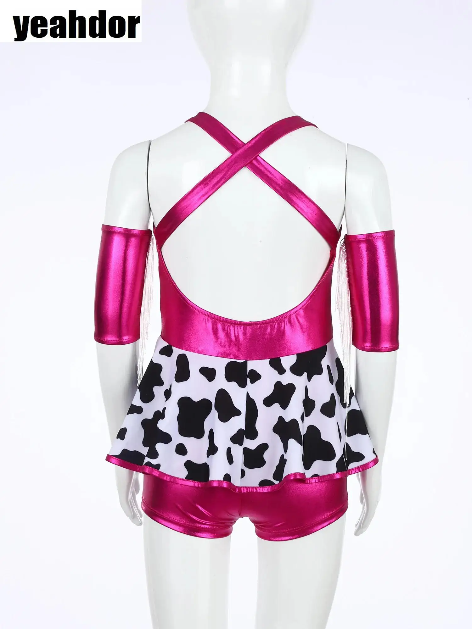 

Girls Cowgirl Costume Jazz Dance Unitard Dress Metallic Shiny Gymnastics Leotard Fringed Backless Shorts Dress Halloween Cosplay