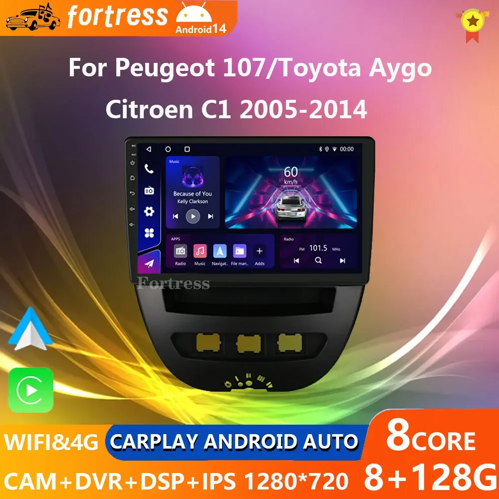 

Android 14 2 Din Car Multimedia Player For Peugeot 107 Toyota Aygo Citroen C1 2005-2014 carplay Stereo GPS Navigation BT WIFI