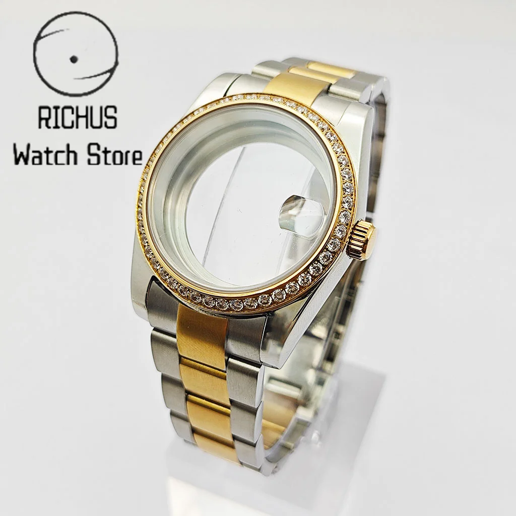 RICHUS 36/39mm Watch Case Sapphire Glass Gemstone Bezel With Strap Fit NH35 NH36 ETA2824 2836 PT5000 Miyota82 Series Movement