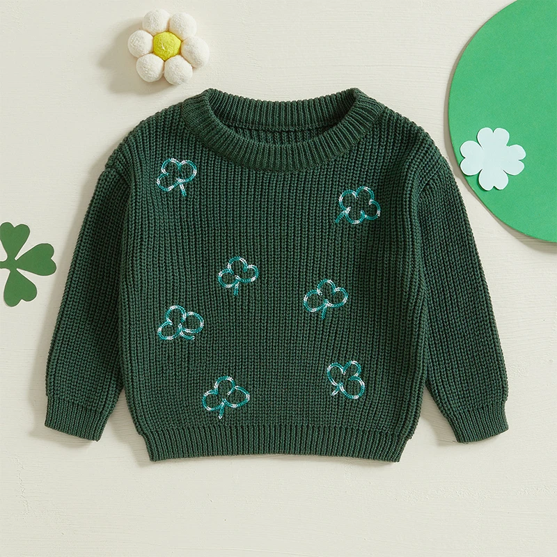 Toddler Girls Boys Sweater Clover Embroidery Long Sleeve Baby Pullovers Ireland Clothes Fall Winter Casual Tops