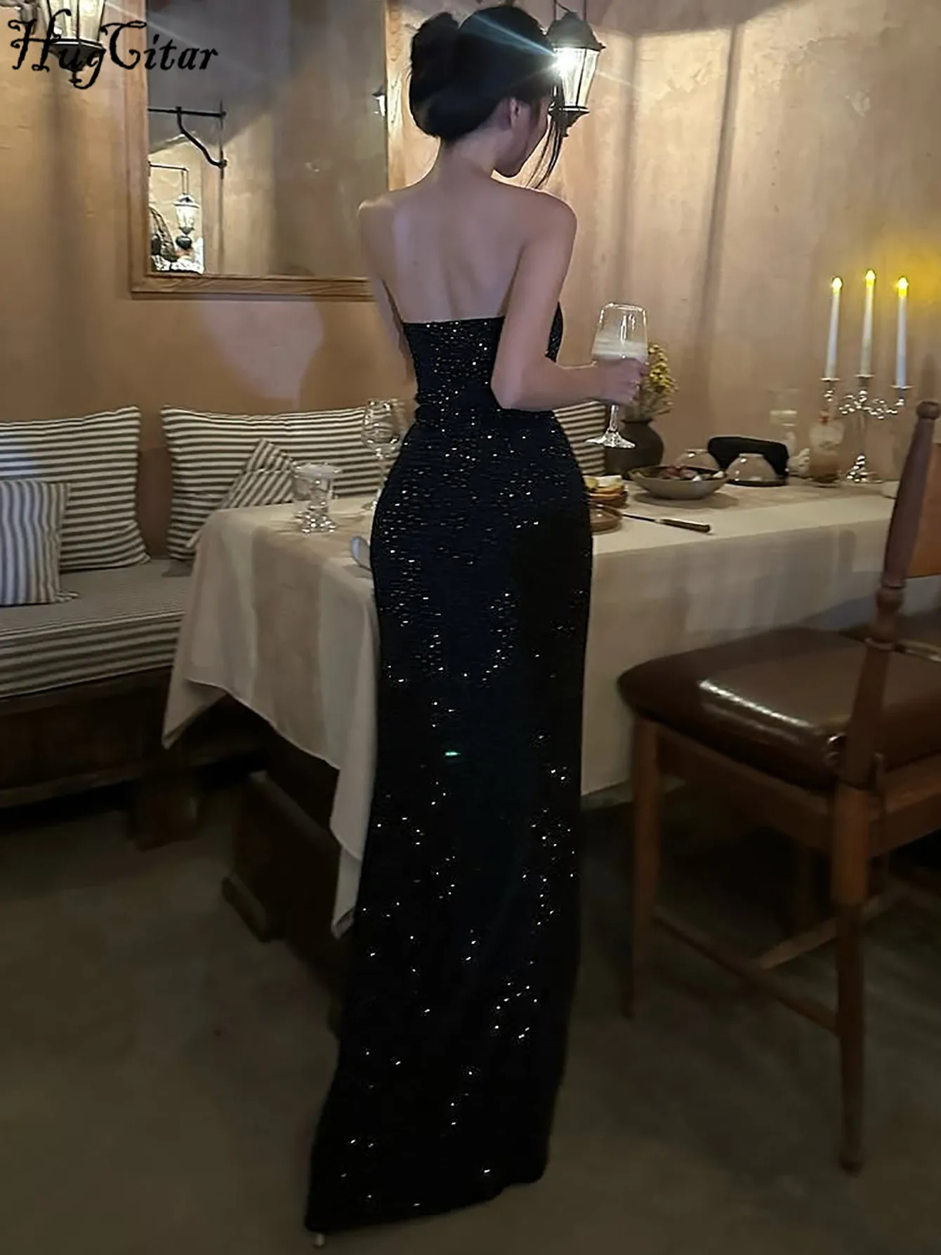 Hugcitar Shine diamant collé bretelles Sexy élégant Maxi robe de bal 2025 été mode femmes vêtements soirée vacances