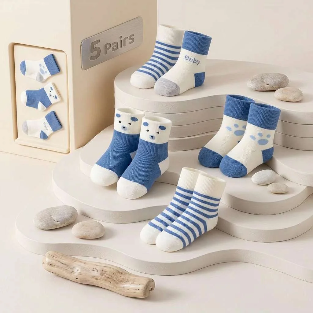 5 Pairs Newborn Baby Socks Blue Bear Mid Calf Soft Cotton Socks for Infant Boys Girls All Season - view 3