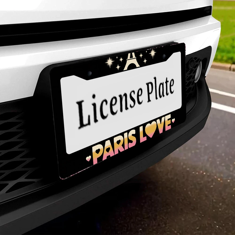 قطعة واحدة من إطار لوحة الترخيص ذو فتحتين من الألومنيوم الأسود مع تصميم برج إيفل ونجوم باريس، مقاس 6 × 12 بوصة، تتضمن طقم براغي، R