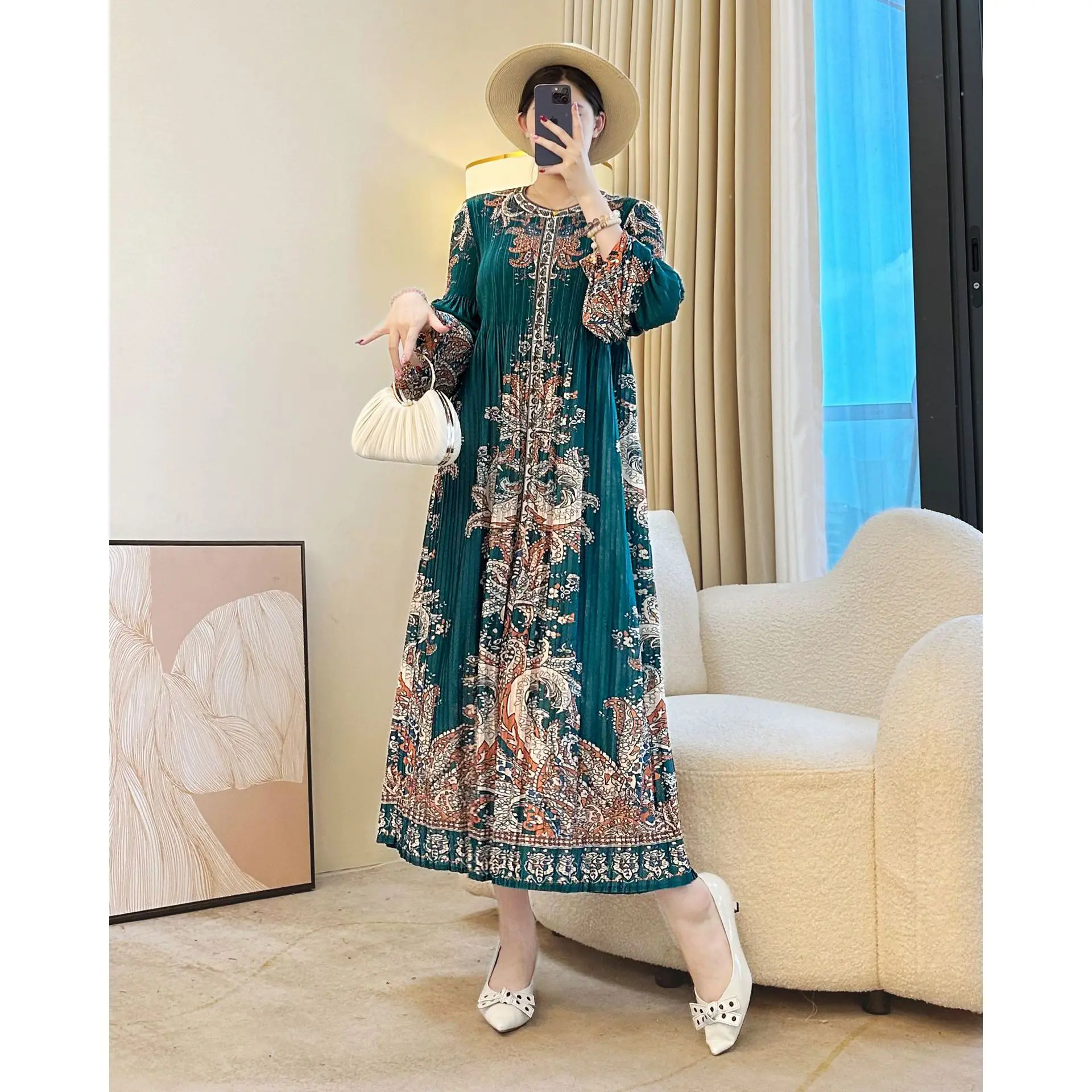 Miyake Women Pleated Satin Midi Dress - Cream Floral Embossed Long Sleeves, Printed Pleated Skirt Spring 2026 - Brunch Date Wear