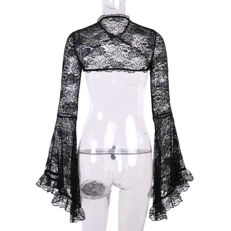 Seksowna koronkowa bluzka z wycięciami, zapinana na guziki, z rękawami typu dzwon, narzutka, modny etniczny strój sceniczny od xiao
