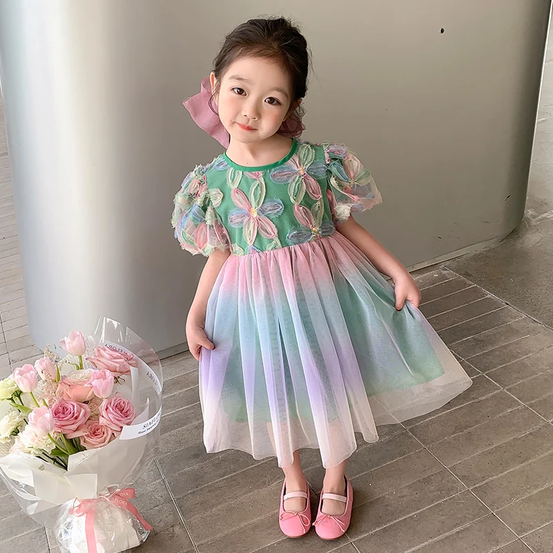 

Summer Baby Girls Dress Floral Party Princess Dresses Rainbow Colored Bubble Sleeve Dress Child Clothes 2-8 Years Kids Clothing