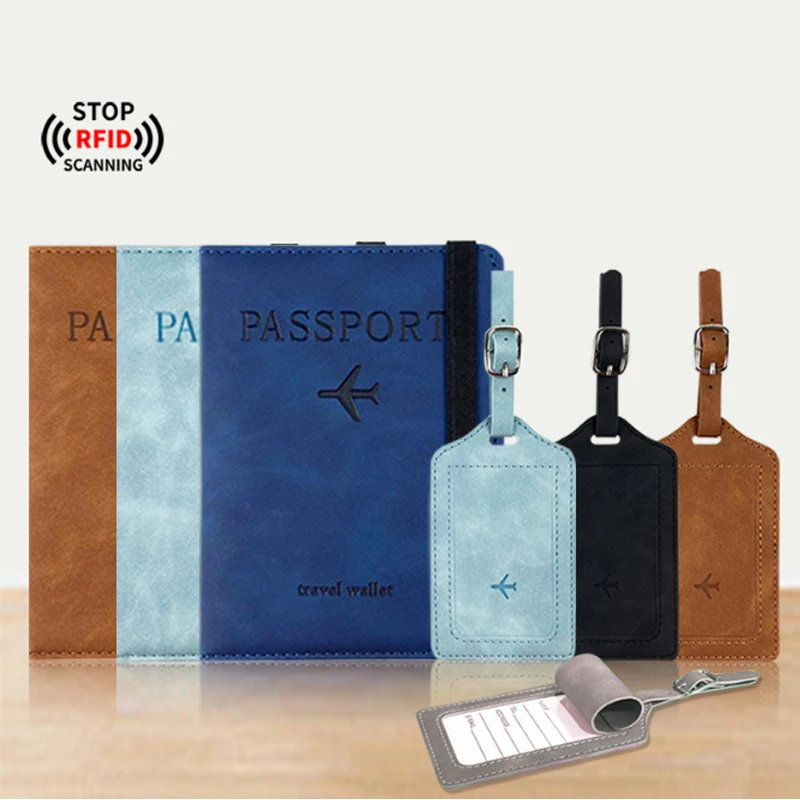 

RFID passport holder gradientpu leather strap passport case shielded anti-theft brush passport holder luggage tag set